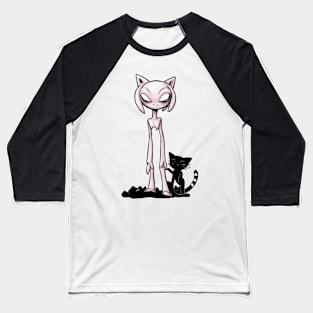 Cosmic Feline Encounter - Pink Alien and Black Cat Delight Baseball T-Shirt